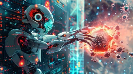 Wall Mural - A fictional vision showing an abstract technological AI bot as a threat against human civilisation, communication is visible, abstract technological industry space background