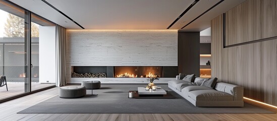 Wall Mural - A cozy living area with a warm fireplace, a grand comfortable couch, and soft throw pillows in a large and airy room