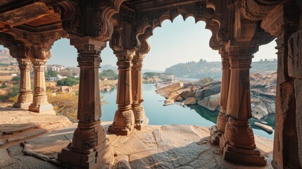 Stunning view at Sree Virupaksha Temple in Hampi on the banks of Tungabhadra River, UNESCO World Heritage Site, Karnataka, India. Indian tourism