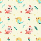 Fototapeta Pokój dzieciecy - Spring birds pattern in bright color with big eyes. On light background for postcards, banners, backgrounds. Vector illustration.