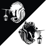Fototapeta  - magic unicorn horse profile head holding lamp with rose flowers and butterfly - fairy tale animal black and white vector design set