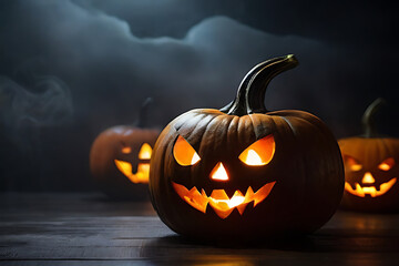 Halloween pumpkin on a dark background, scary Halloween night, AI Generative