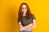 Fototapeta Panele - Photo of adorable gorgeous girl dressed nice outfit standing crossed arms isolated on yellow color background