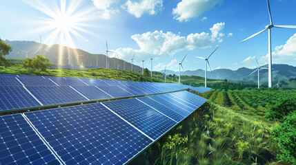 Expansive Solar Panel Array with Windmills Against a Mountainous Backdrop

