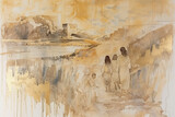 Fototapeta Krajobraz - gold watercolor journey of faith, three silhouettes are walking along the road
