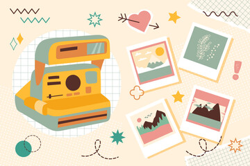 Banner in vintage new nostalgia collage style. Polaroid photography camera with photos and vector elements. Retro vector pop art design.