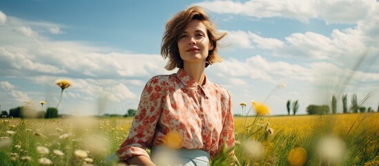 Poster - A female standing gracefully amidst a vibrant field of blooming flowers under the clear blue sky