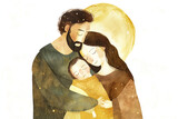 Fototapeta Krajobraz - Watercolor painting of a scene from the nativity of Jesus, father and mother with a child in their arms, in gold and yellow warm colors