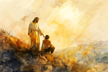 Wall Mural - Jesus christ extending a helping hand in watercolor Illustration