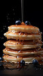 Delicious pancakes with honey and blueberry. Healthy breakfast concept with copy space. Stories template
