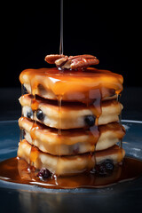 Wall Mural - Delicious square pancakes with honey and blueberry. Healthy breakfast concept with copy space