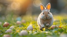 Conejo Blanco De Pascua Saltando En La Hierba Verde, Hierba Con Muchos Huevos De Colores. 
Pascua De Resurrección, Conejo De Pascua