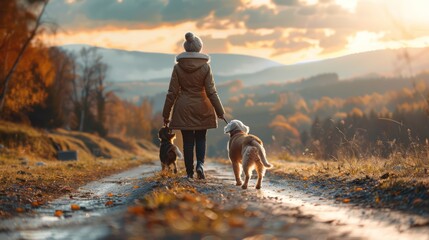 A happy kind-hearted elderly woman walking a playful Beagle on a scenic country road