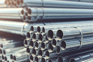 Metal pipes. Galvanized steel pipe or Aluminum and chrome stainless pipes in stack waiting for shipment in warehouse.