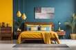 modern bedroom with a wood bed and yellow walls, in the style of dark azure and beige