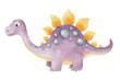 Cute purple dinosaur. Isolated hand drawn watercolor illustration of dino. A clipart of stegosaurus for children's invitation cards, baby shower, decoration of kid's rooms and clothes.
