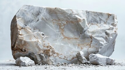 a photo of a large chunk of raw marble that has started being carved, rough edges, very big, chips of marble on the ground, on a white background,