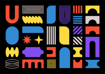 Wall Mural - abstract shapes, basic brutal forms and retro figures in y2k aesthetics, vintage stickers, logos and
