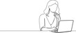 continuous single line drawing of woman using laptop computer, line art vector illustration
