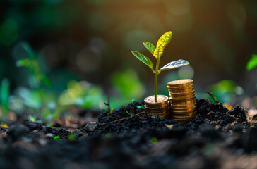 Wall Mural - Stacking gold coins and small tree growing on the top with natural green background