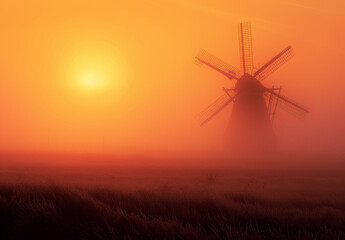 Windmill in the mist at sunrise