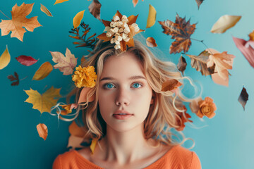 Wall Mural - Portrait of a blonde hair caucasian young woman with fall or autumn theme isolated on blue background