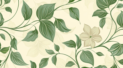 Wall Mural - Seamless beige and green floral vector wallpaper pattern. Seamless wrapping paper, textile or upholstery flower print.