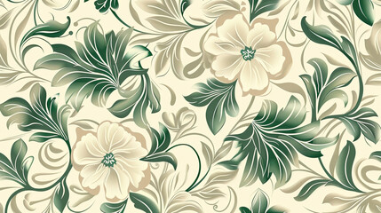 Wall Mural - Seamless beige and green floral vector wallpaper pattern. Seamless wrapping paper, textile or upholstery flower print.