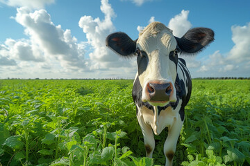 Black and white cow stands in green field with blue sky and clouds in the background.