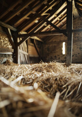 Wall Mural - Straw bales in barn. A close-up photo of hay in an old barn