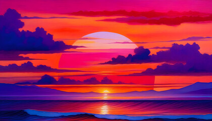 Wall Mural - An abstract painting of a sunset with bold brushstrokes and vibrant colors