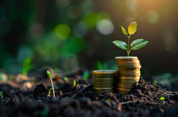 Wall Mural - A stack of coins growing from the ground with green leaves. Business investment and money management for the future.