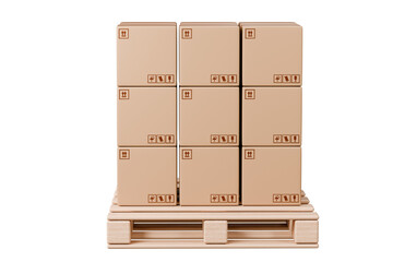 3d Stack of cardboard boxes on wooden pallet icon. Transportation cargo concept. logistic and Warehouse concept. Cartoon Wooden pallet. Isolated on transparent brown background. 3d render illustration