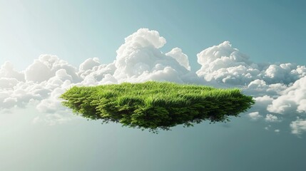 A 3D rendered image of a floating slice of land with a green grass surface, creating a surreal and isolated grass field floating in the air with clouds