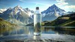 bottle of mineral water on table in front of beautiful mountain landscape