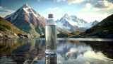 Fototapeta Sawanna - bottle of mineral water on table in front of beautiful mountain landscape