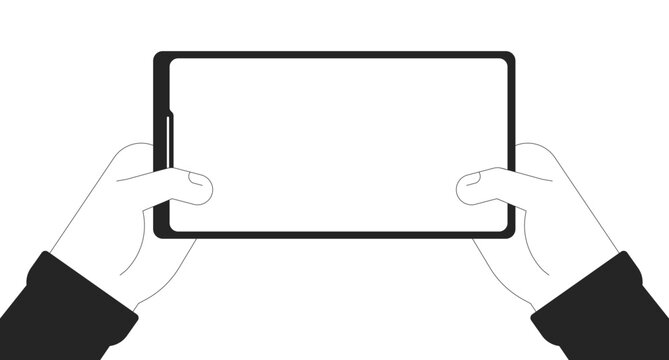 Holding smartphone with blank screen cartoon human hands outline illustration. Device with internet access 2D isolated black and white vector image. Mobile phone flat monochromatic drawing clip art