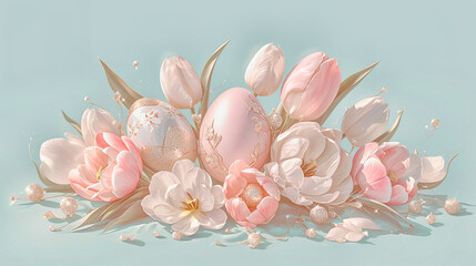 Wall Mural - Pale pink tulips and Easter eggs on pale blue background.