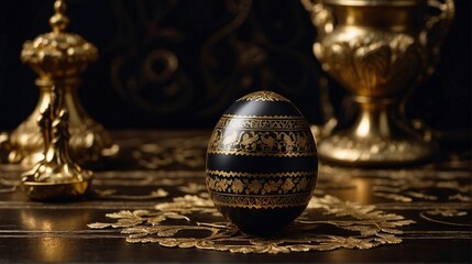 A black and gold decorated pasqua egg on a table still photography. Luxury rich color palette easter decorative illustration background wallpaper design concept.