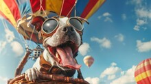 A Dog, Wearing Sunglasses, Is Seen Inside A Hot Air Balloon In This Whimsical Scene. The Dog Appears To Be Enjoying The Ride As It Looks Out Over The Landscape Below.