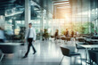 Blurred business background. Walking businessmen in a modern glass office center, shopping mall, bank. Movement effect, stylish interior with green plants