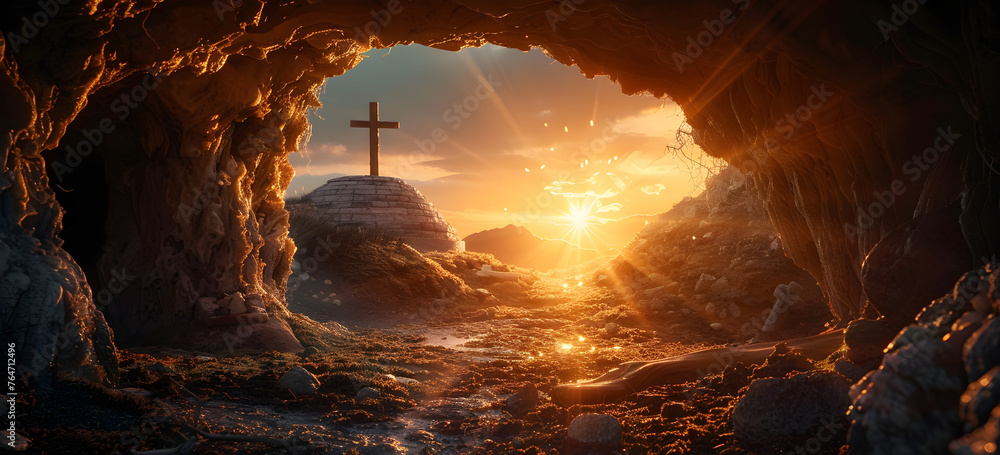 Inside view of Jesus Christ's empty tomb at sunrise with a wooden cross ...