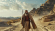 Solemn nomad traverses vast desert landscape, embarking on an ancient journey.