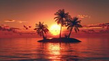Fototapeta Natura - The sun setting over the ocean, casting a warm orange glow on the palm trees and small island in the distance. The calm waters reflect the sky, creating a serene atmosphere.
