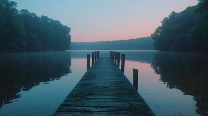 Wall Mural - A calm lake, with a quaint wooden pier as the background, during a serene twilight