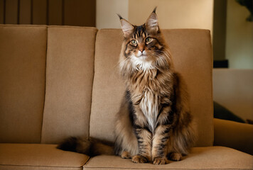 Wall Mural - A maine coon cat sitting on the sofa.