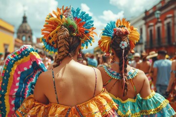 Wall Mural - Latin Woman in Traditional Mexican Dress Dancing at parade or cultural Festival in Mexico Latin America, ai generated