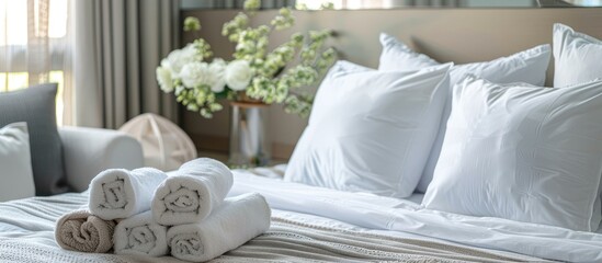 Wall Mural - Towels are carefully folded on a comfortable bed, accompanied by white pillows and a lovely bouquet of flowers