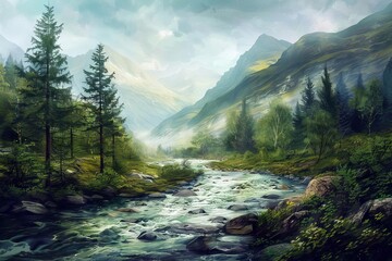 Wall Mural - Enchanting Forest River in a Highland Landscape, Digital Painting