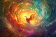 Enchanting, storybook-style illustration of a magical phoenix rising from a colorful, swirling vortex of flames, digital art